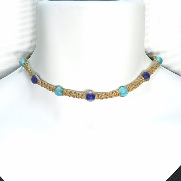 Woven Hemp Recycled Blue Glass Bead Unisex Necklace - Picture 1 of 8